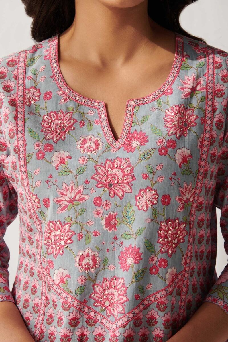 Blue Hand Printed Straight Cotton Kurta
