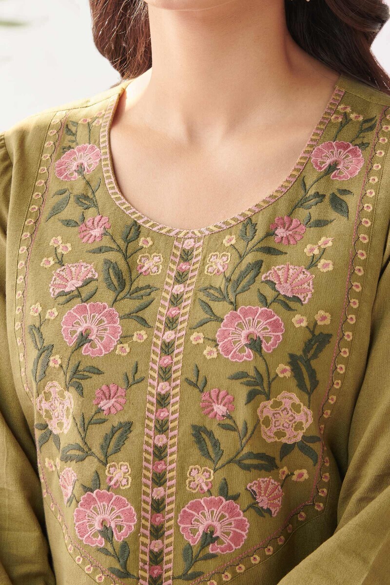 Olive Green Handcrafted Straight Cotton Flax Kurta