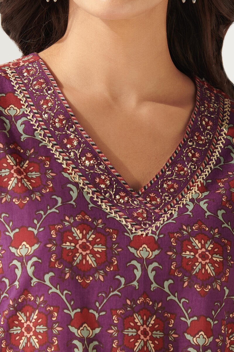 Purple Hand Printed Straight Cotton Kurta