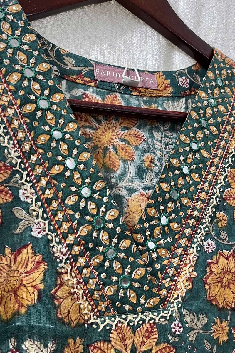 Green Hand Block-Printed Straight Kurta