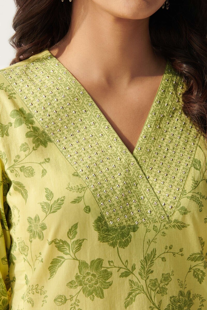 Lime Green Hand Printed Straight Cotton Kurta