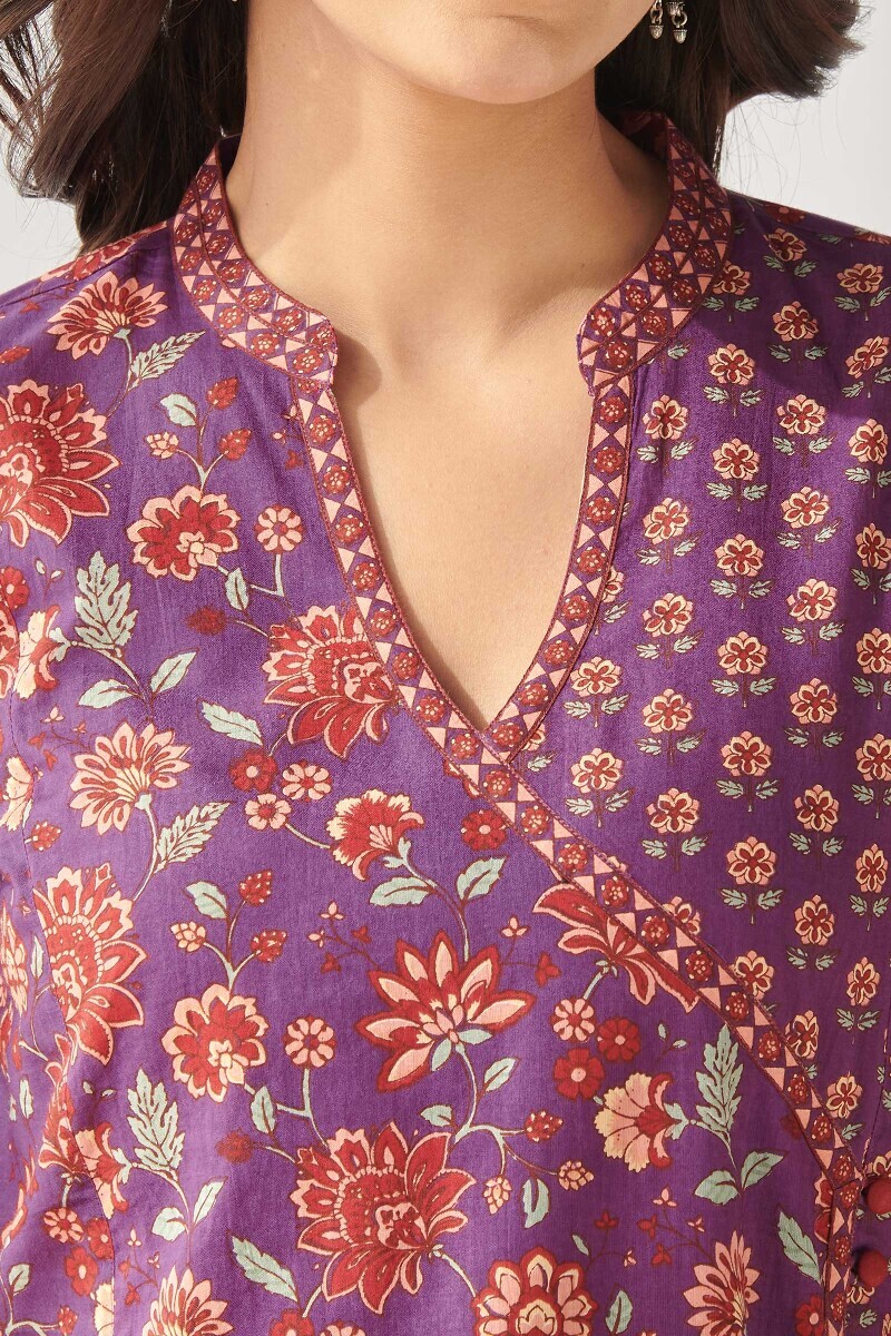 Purple Hand Printed Angrakha Cotton Kurta