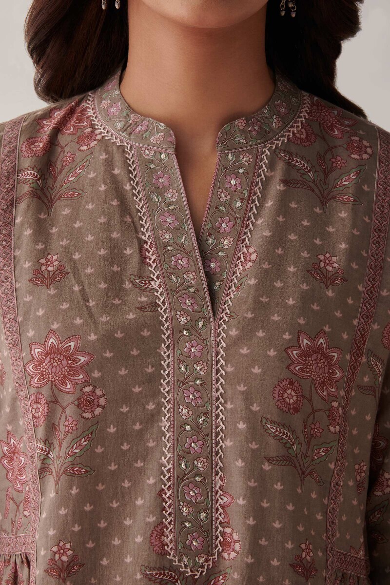 Grey Hand Printed A-Line Cotton Kurta