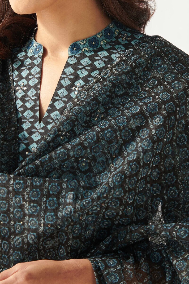 Black Hand Printed Kota Dupatta