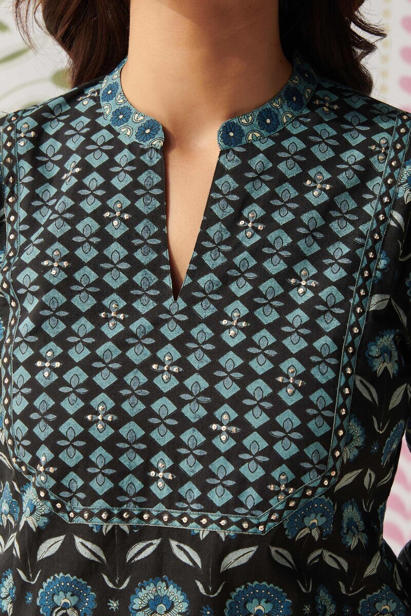 Black Hand Printed Straight Cotton Kurta