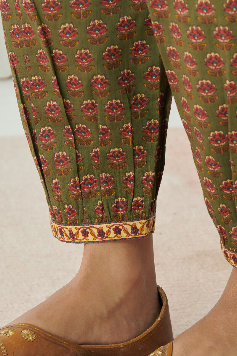Olive Green Hand Printed Cotton Izhaar Pants