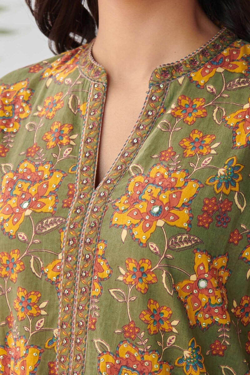 Olive Green Hand Printed Straight Cotton Kurta