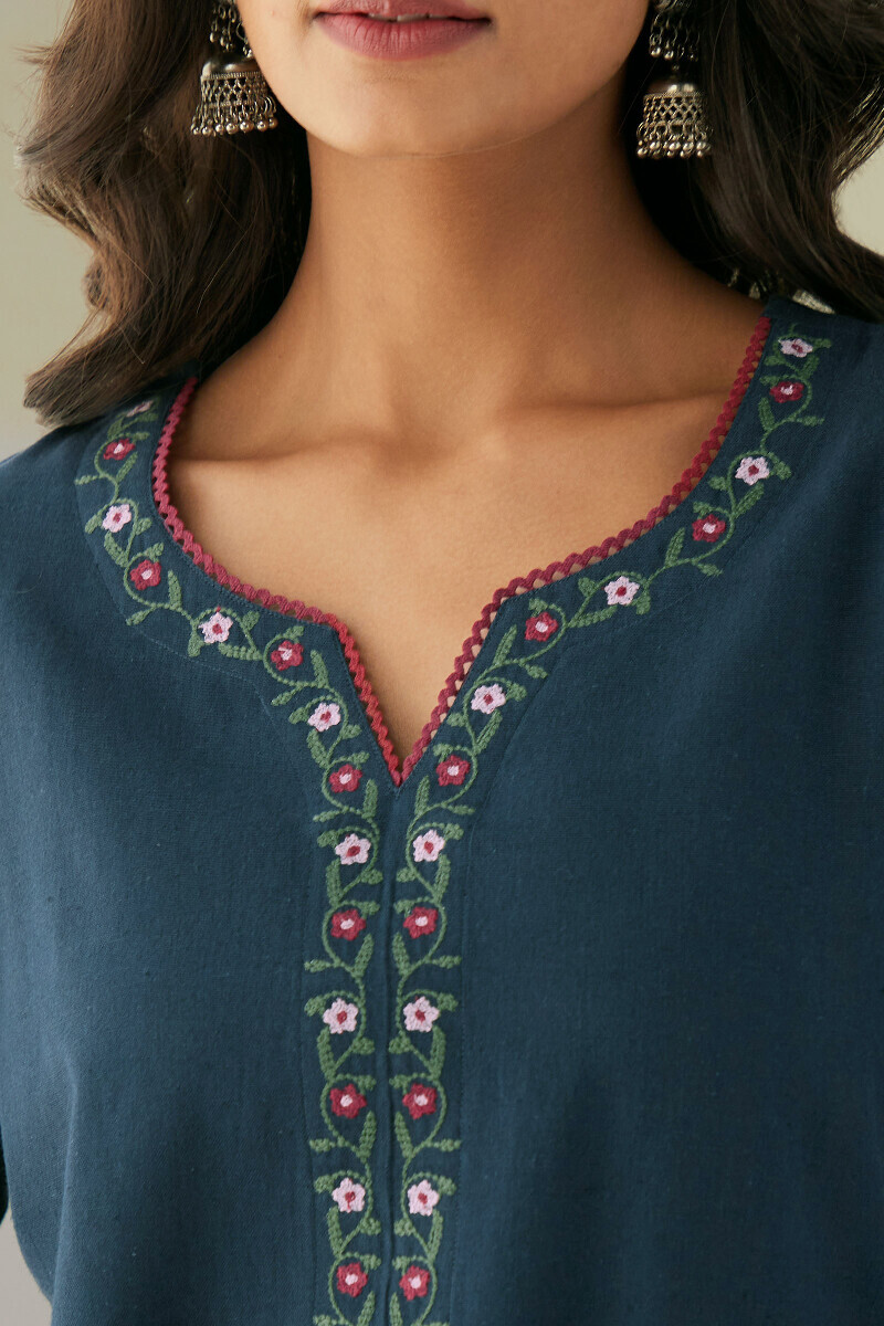 Twilight Blue Handcrafted Straight Cotton Flax Kurta