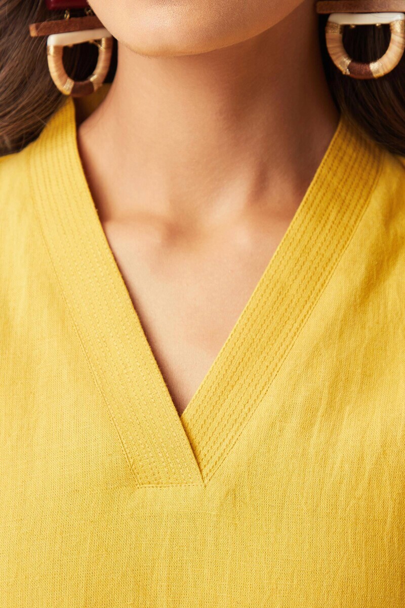 Yellow Handcrafted Straight Cotton Flax Kurta