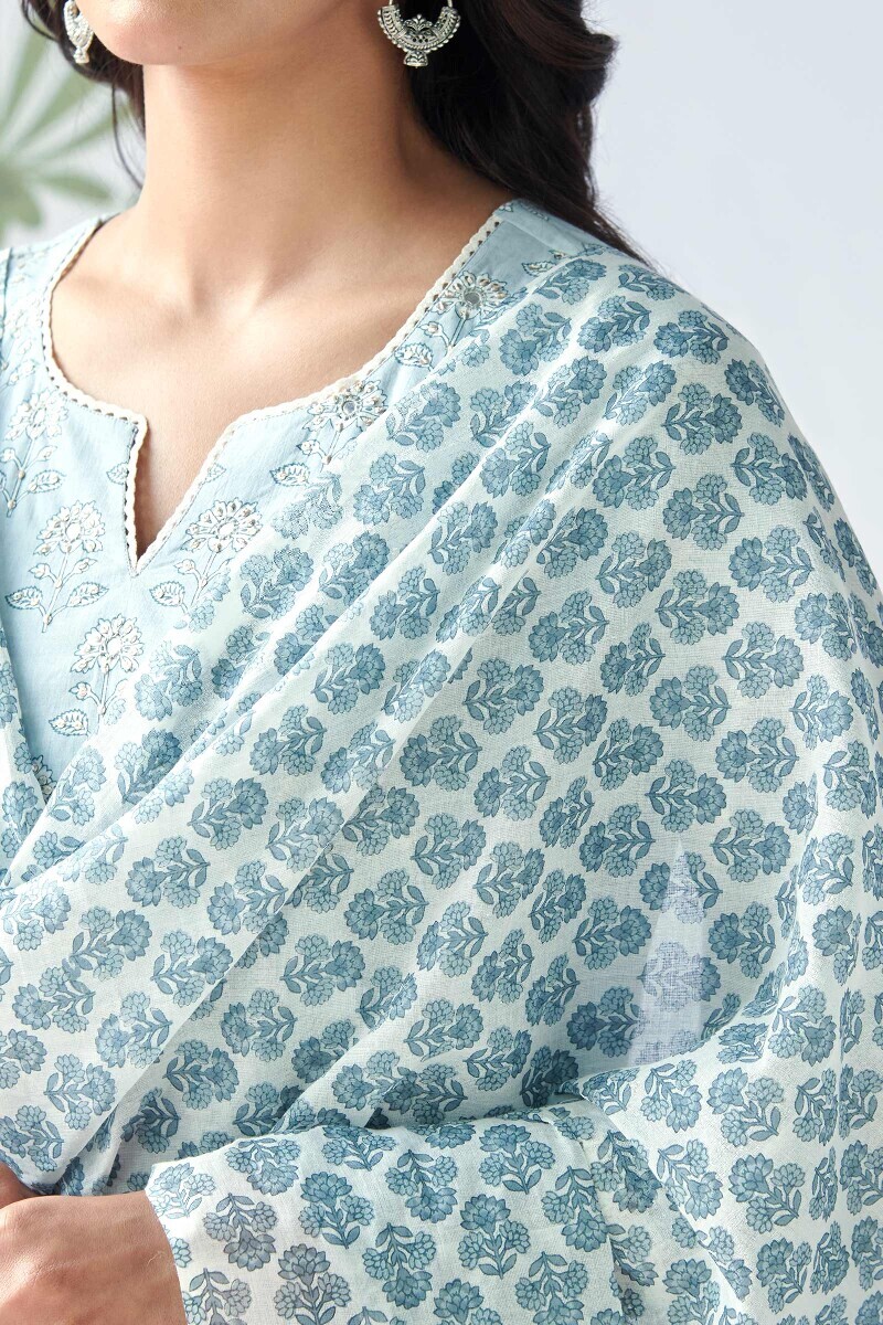 White Hand Printed Cotton Mul Dupatta