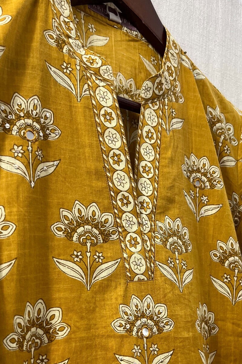 Mustard Hand Screen-Printed Straight Kurta