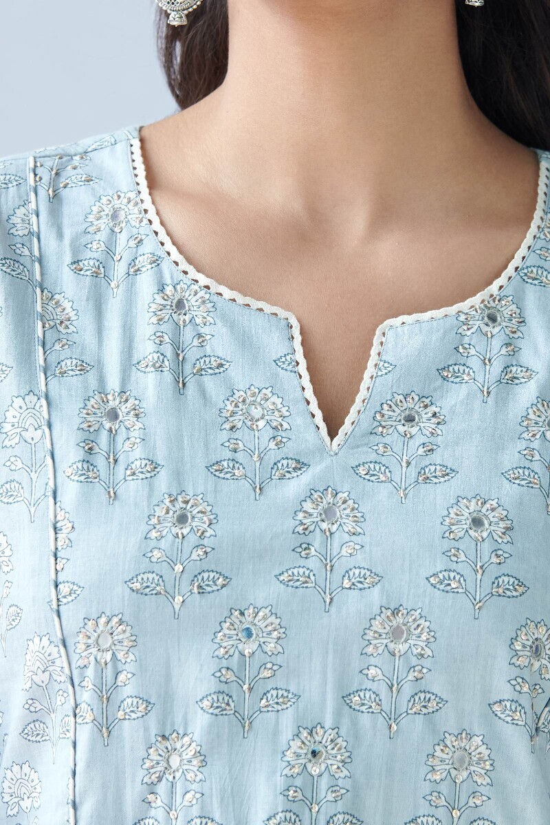 Blue Hand Printed Straight Cotton Kurta