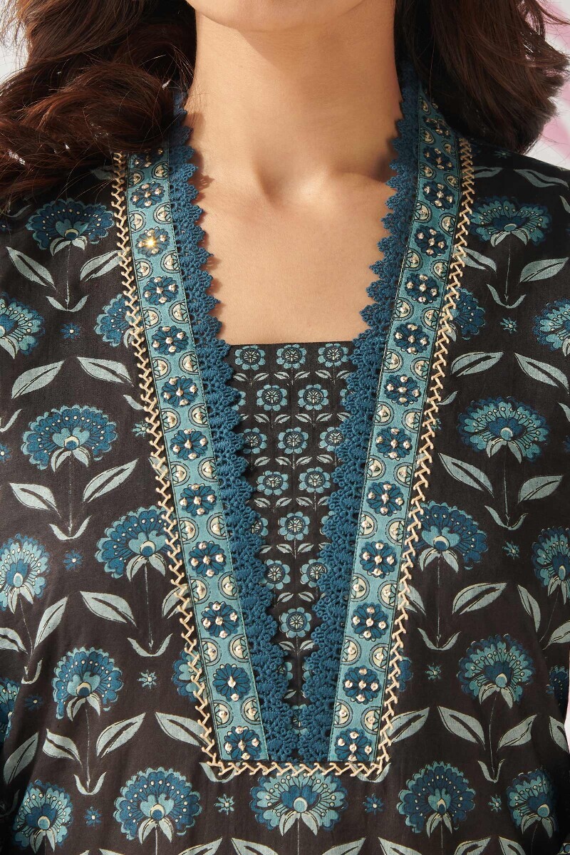 Black Hand Printed Straight Cotton Kurta