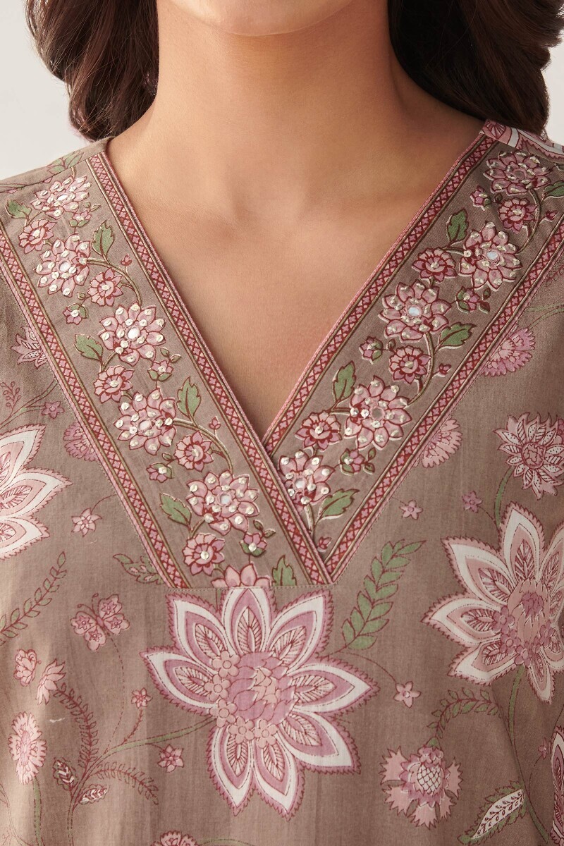 Grey Hand Printed Straight Cotton Kurta