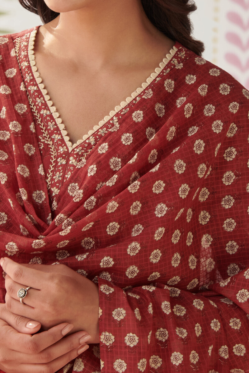 Red Hand Printed Kota Dupatta