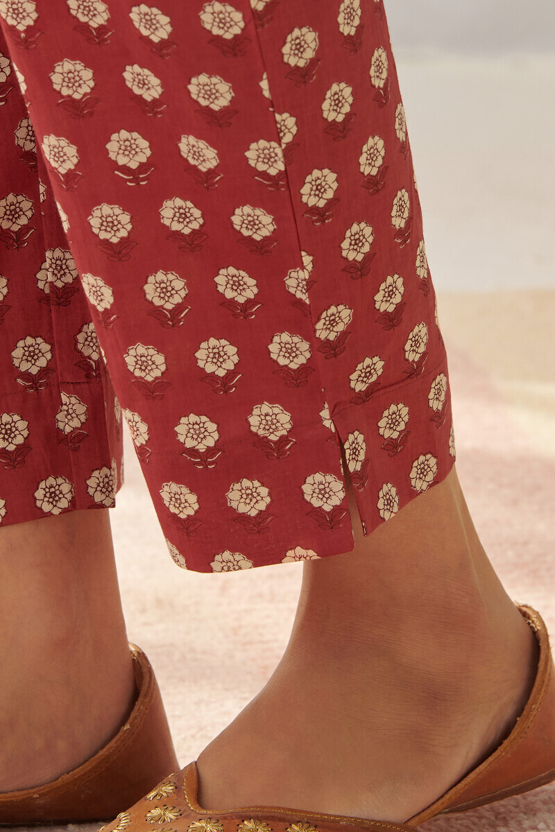 Red Hand Printed Cotton Narrow Pants