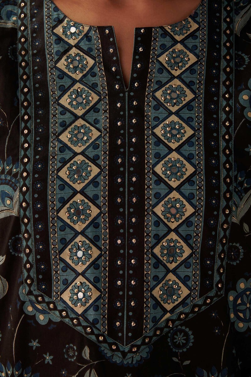 Black Hand Printed Cotton Kaftan