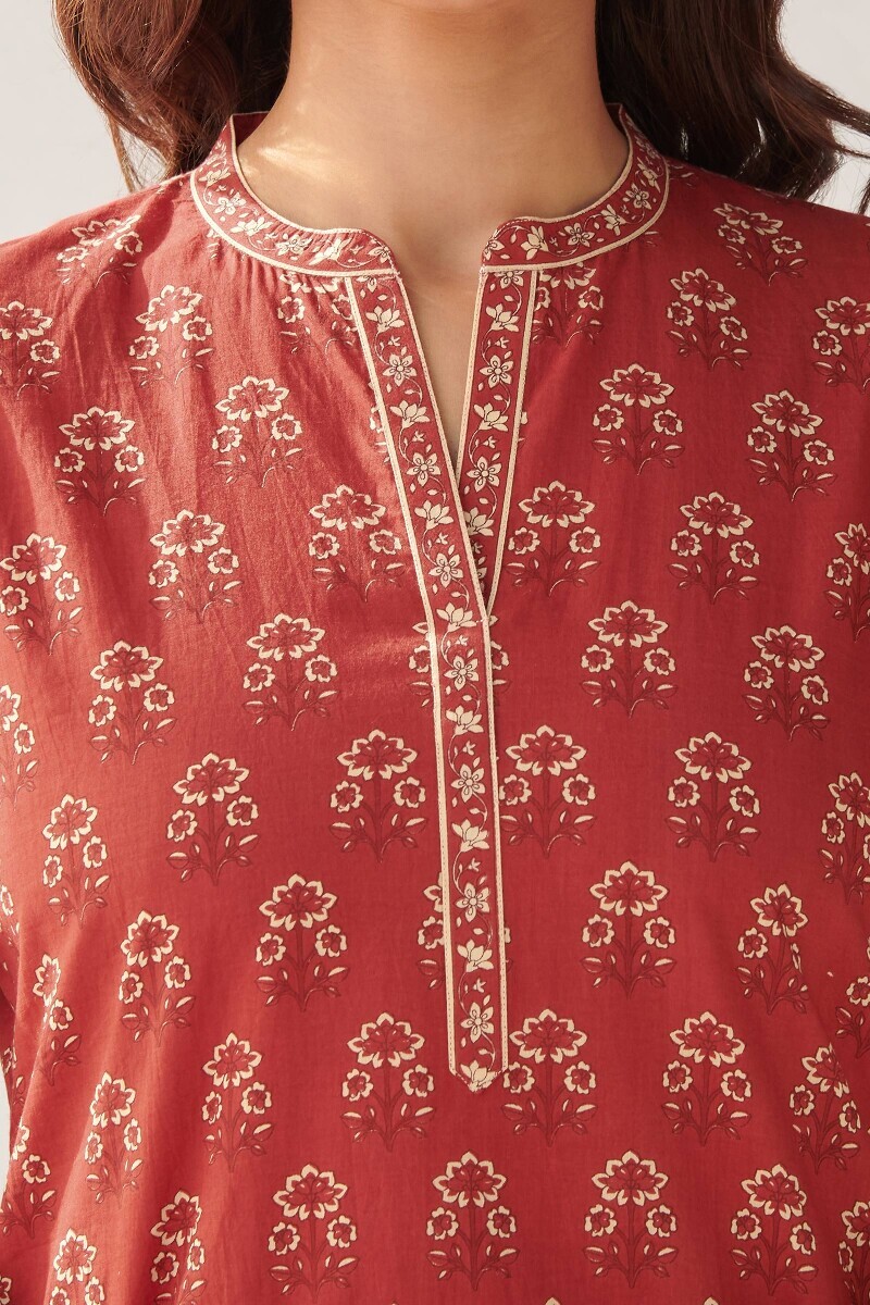Red Hand Printed Cotton Loungewear Set