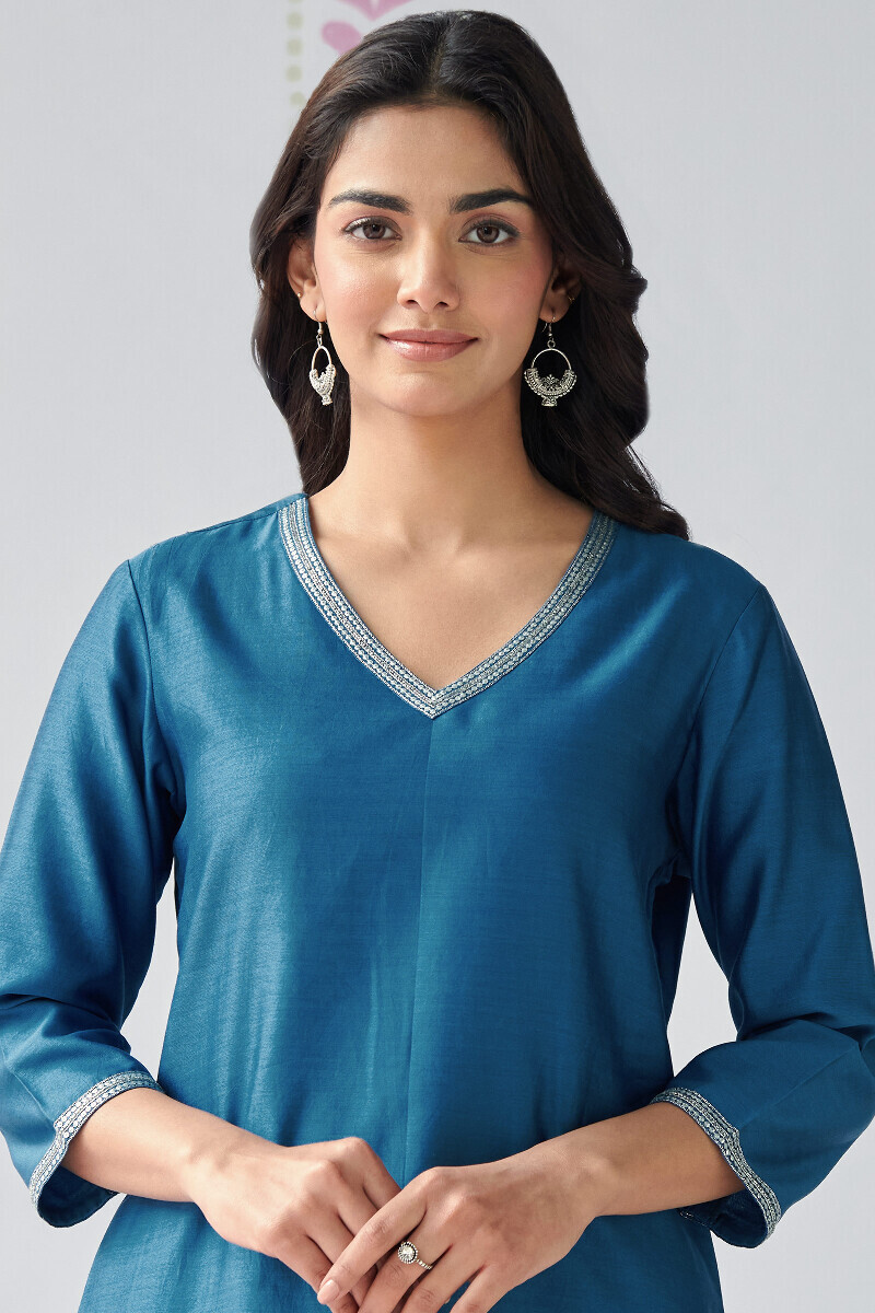 Blue Handcrafted Straight Chanderi Kurta