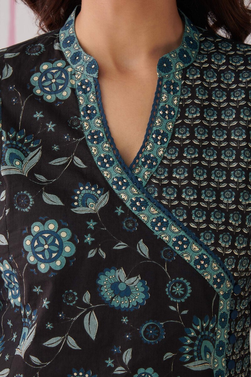 Black Hand Printed Angrakha Cotton Kurta