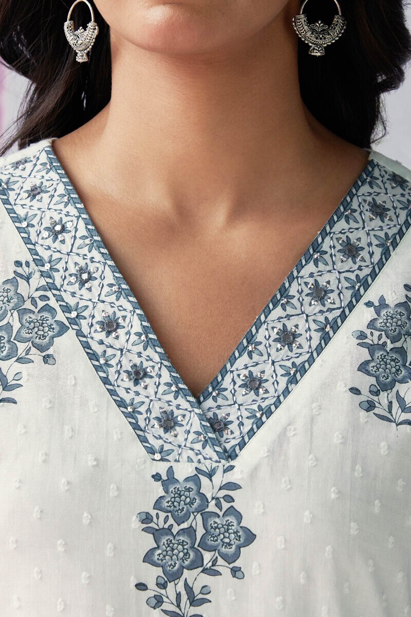 White Hand Printed Straight Cotton Dobby Kurta