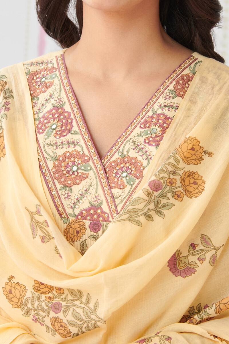 Yellow Hand Printed Cotton Mul Dupatta