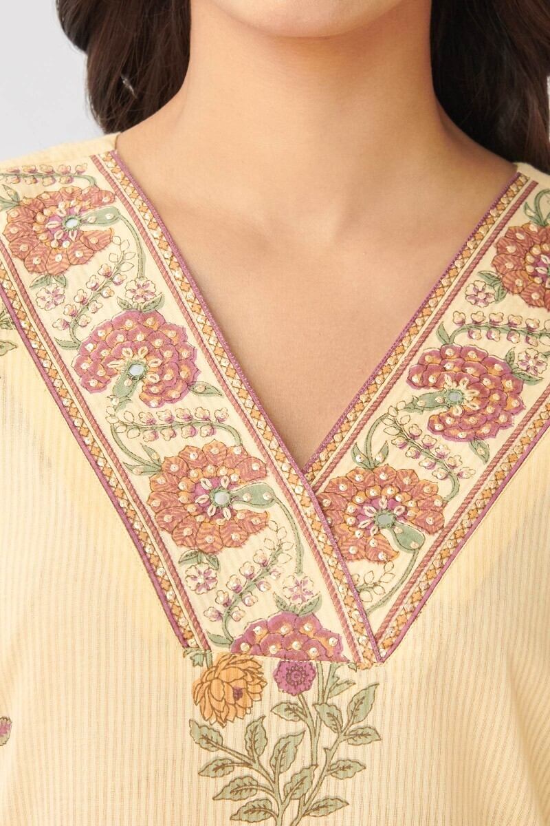 Beige Hand Printed Straight Cotton Dobby Kurta