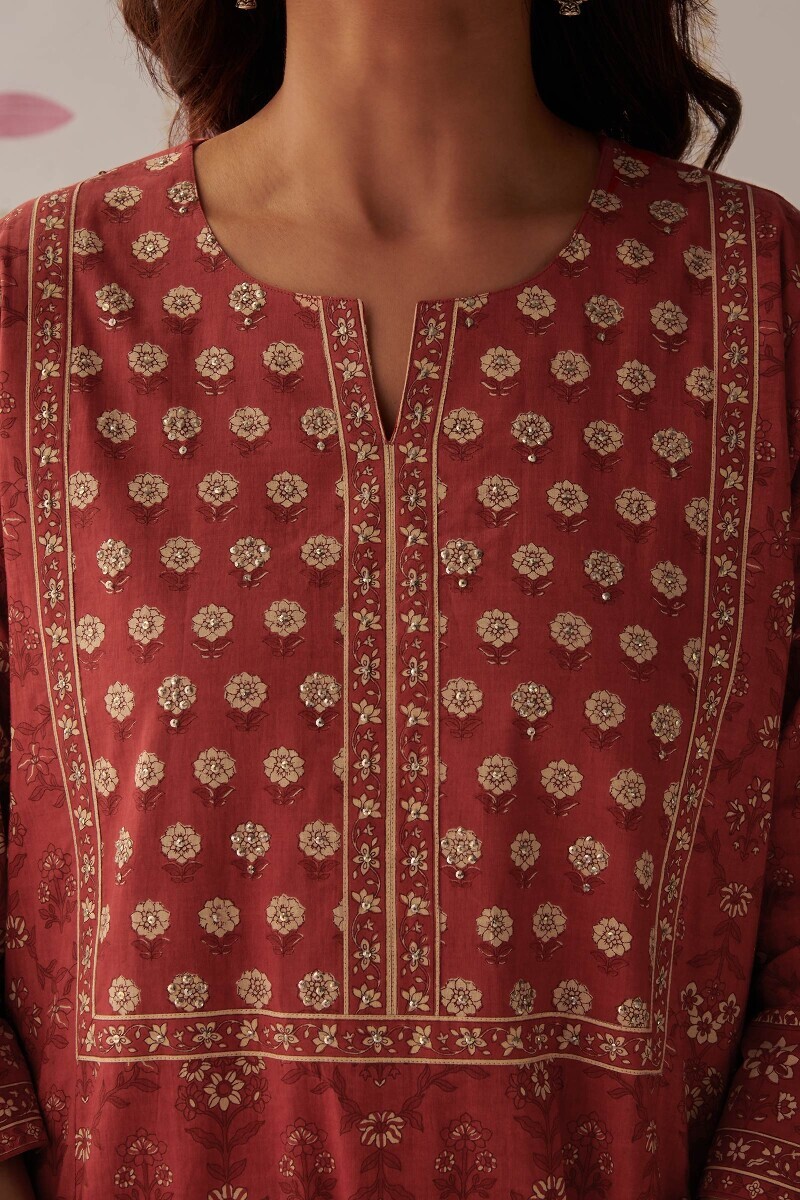Red Hand Printed Cotton Kaftan