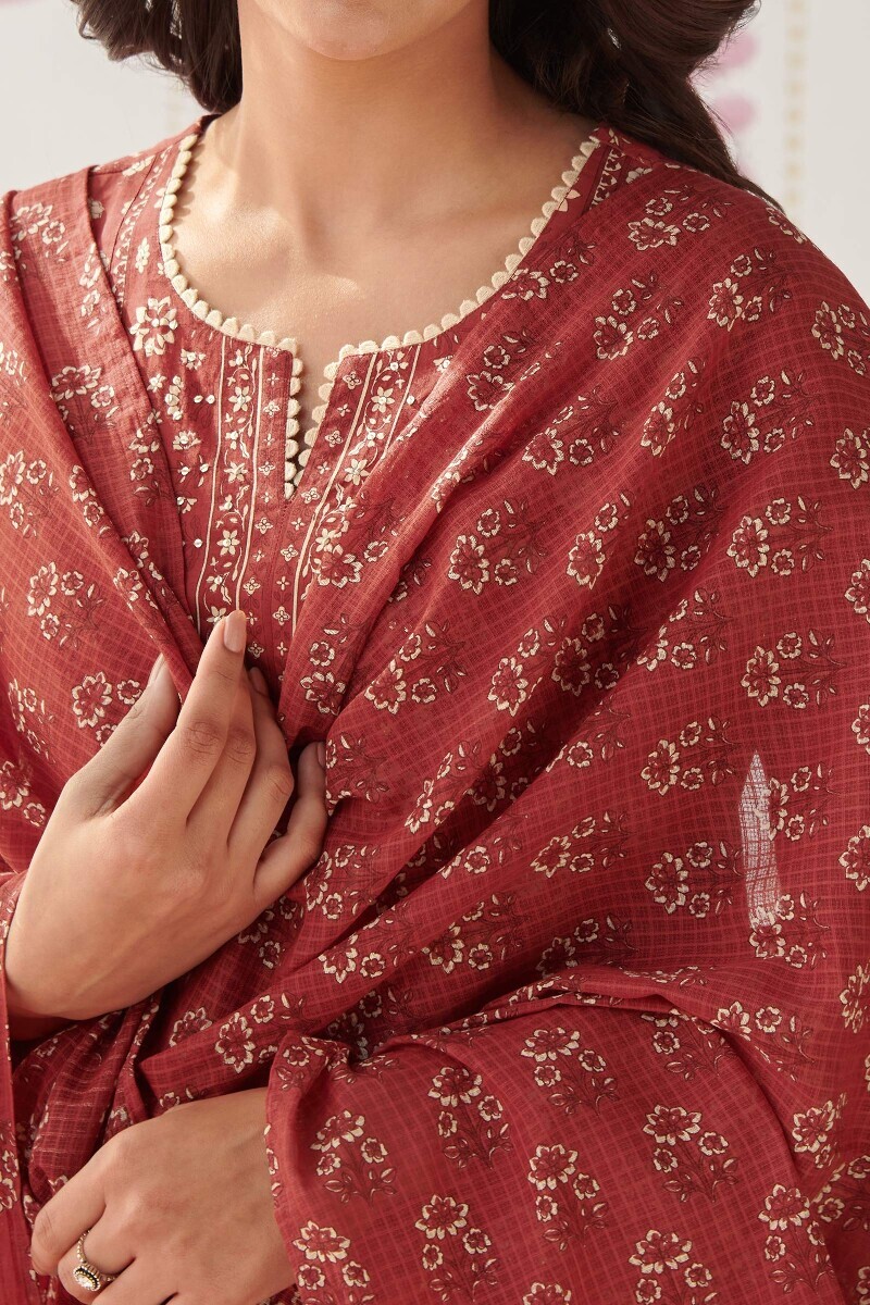 Red Hand Printed Kota Dupatta