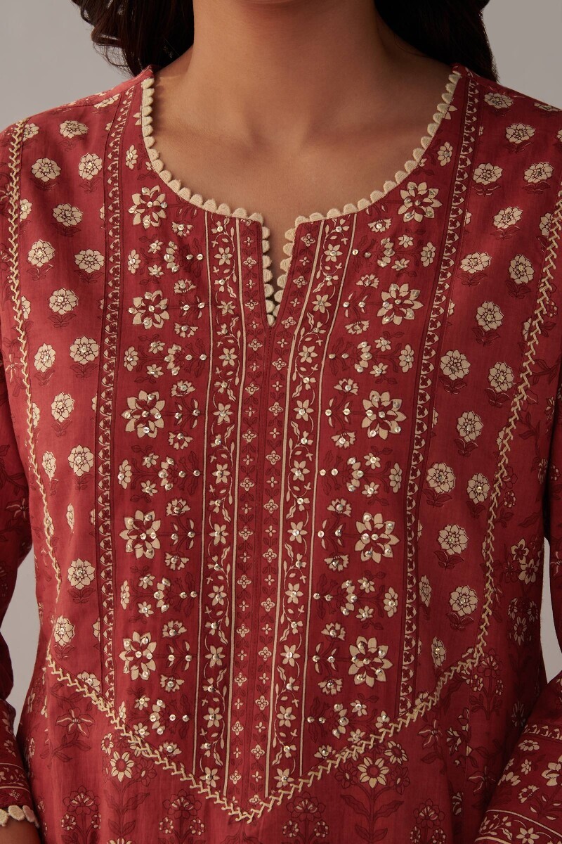 Red Hand Printed Straight Cotton Kurta