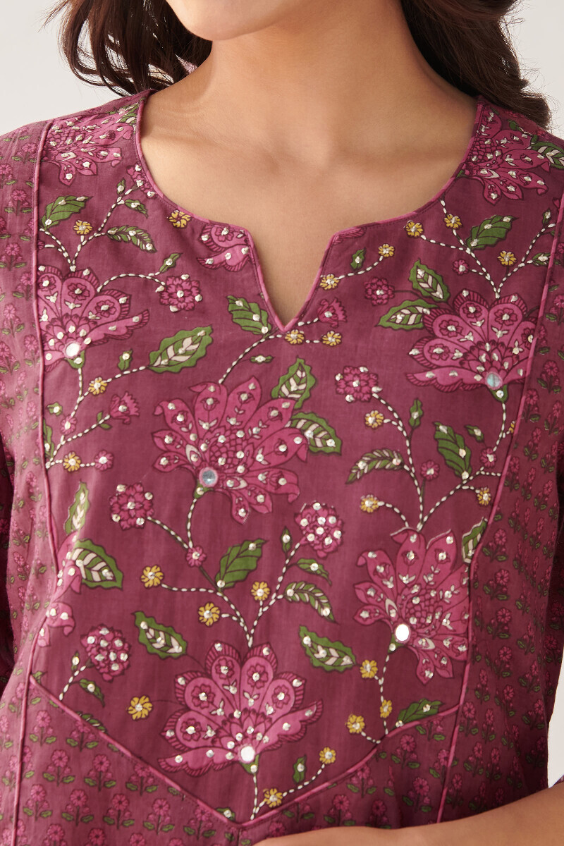 Mauve Handcrafted Straight Cotton Flax Kurta