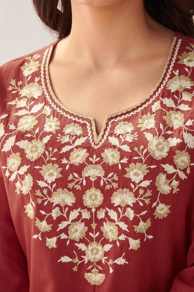 Red Handcrafted Straight Cotton Flax Kurta