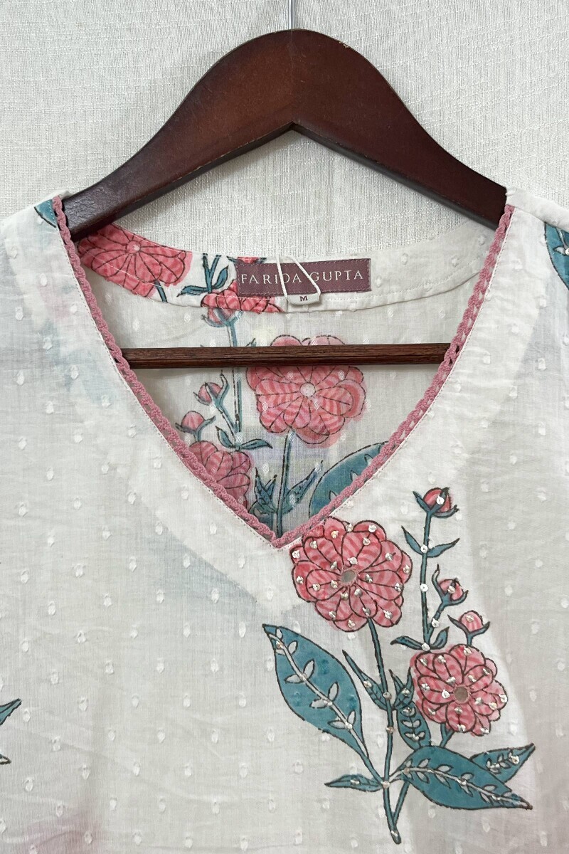 White Hand Block-Printed Straight Cotton Dobby Kurta