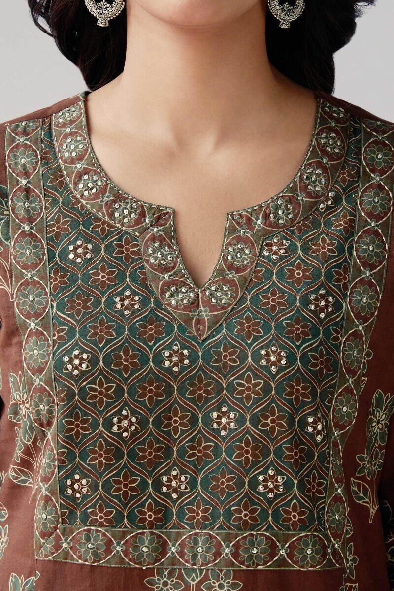 Brown Printed Straight Cotton Kurta