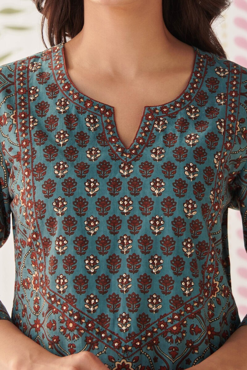 Blue Hand Printed Straight Cotton Kurta
