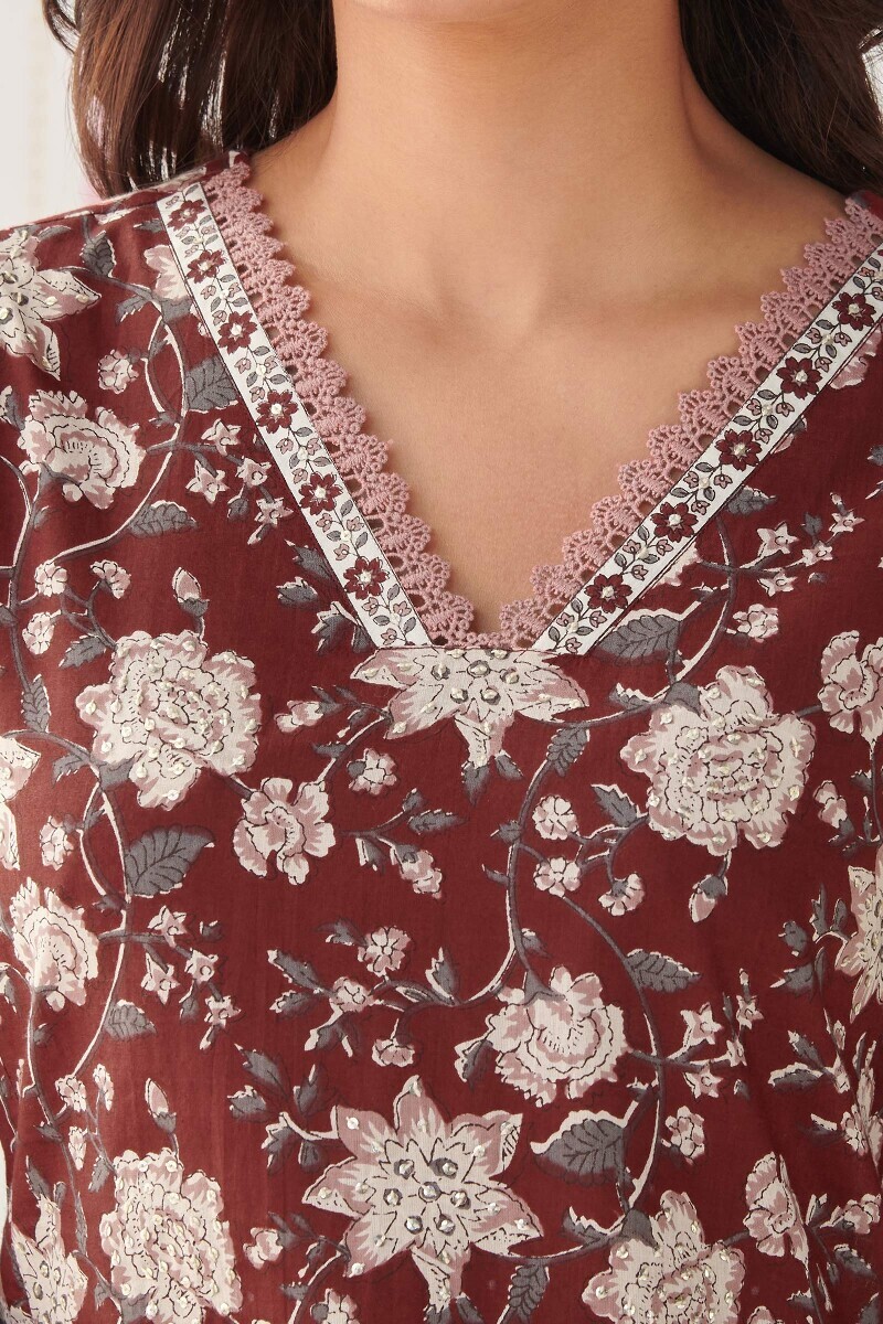 Maroon Hand Printed Straight Cotton Kurta