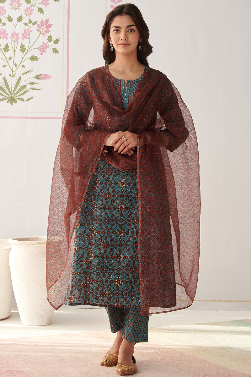 Blue Hand Printed Straight Cotton Kurta