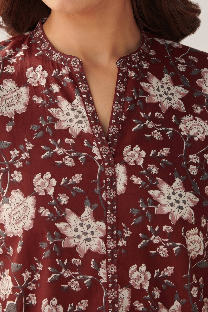 Maroon Hand Printed Cotton Loungewear Set