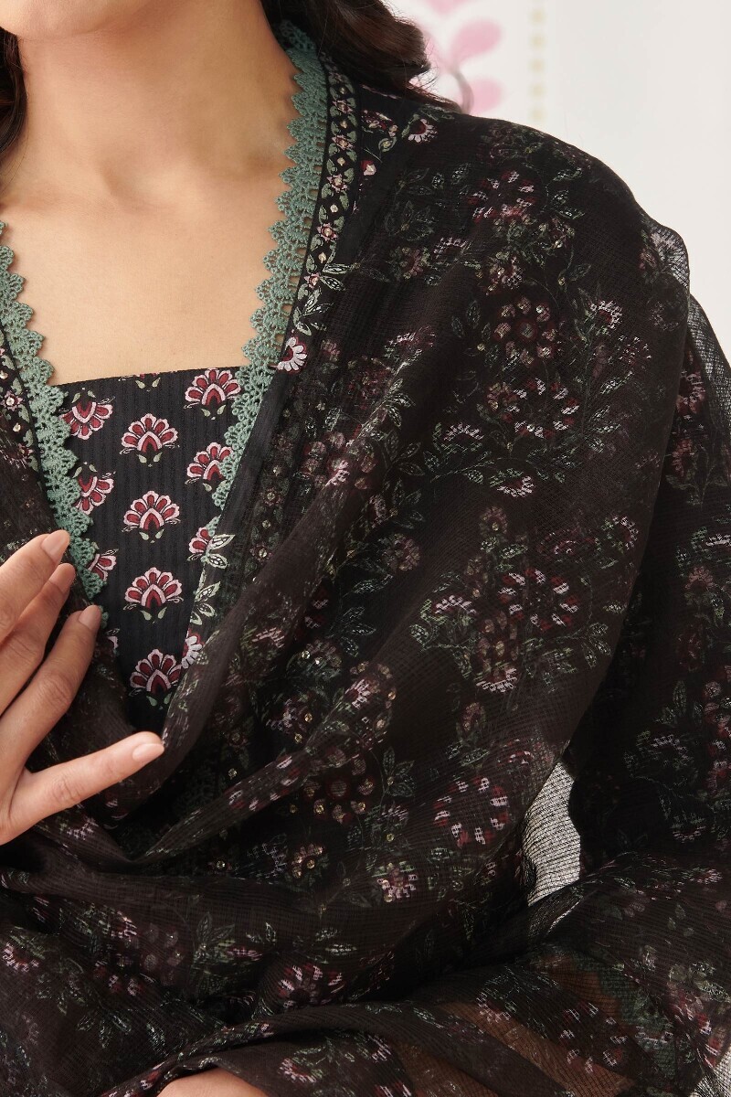 Black Hand Printed Kota Dupatta