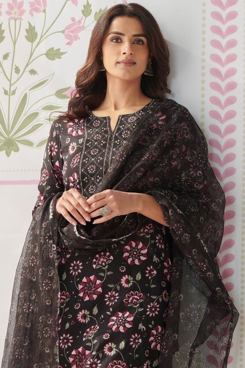 Black Hand Printed Straight Cotton Dobby Kurta