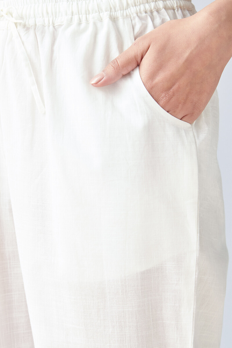 White Handcrafted Printed Cotton Slub Narrow Pants