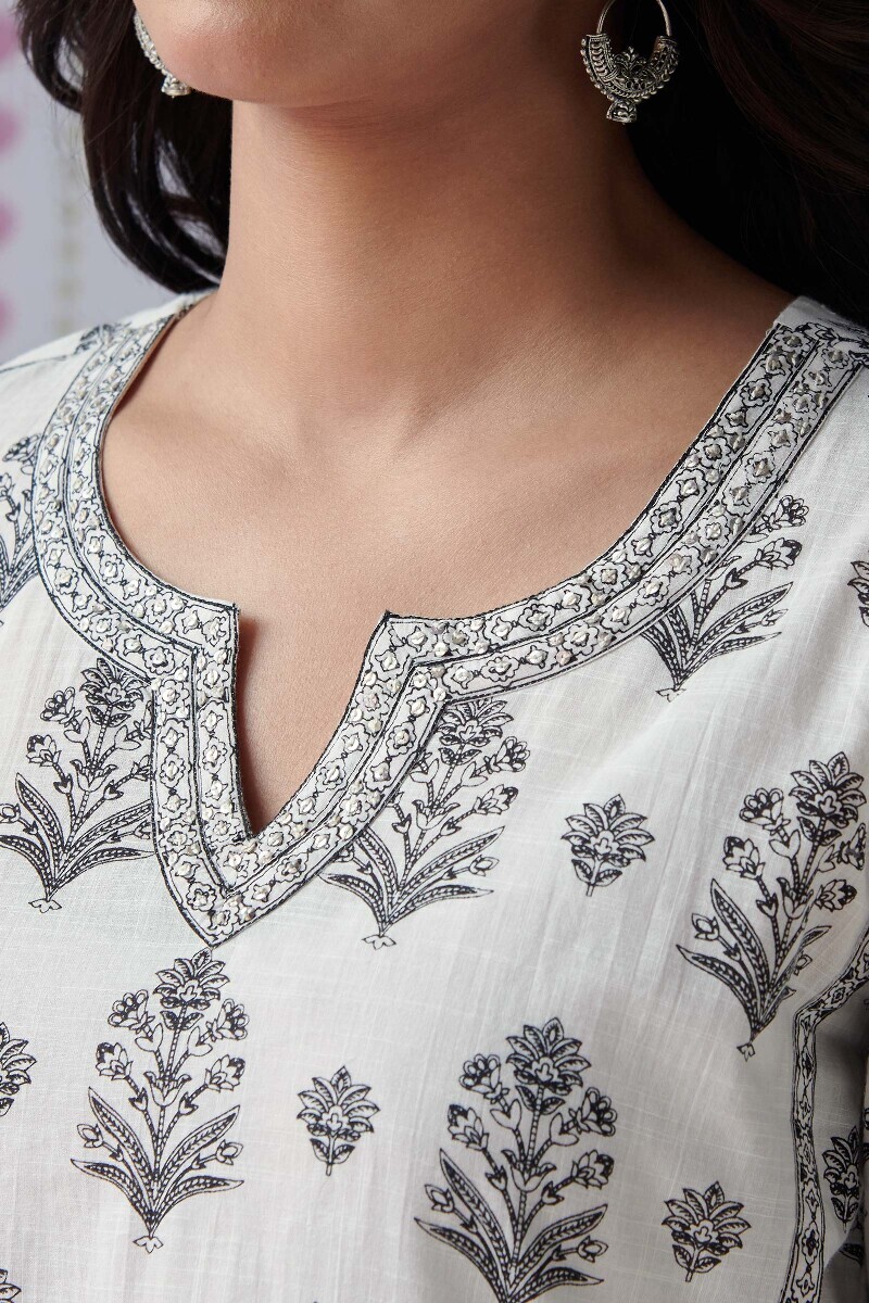 White Hand Printed Straight Cotton Slub Kurta