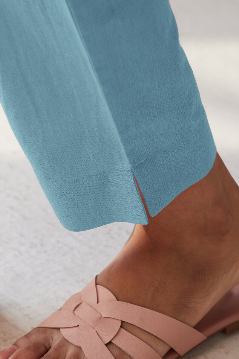 Blue Handcrafted Cotton Flax Narrow Pants