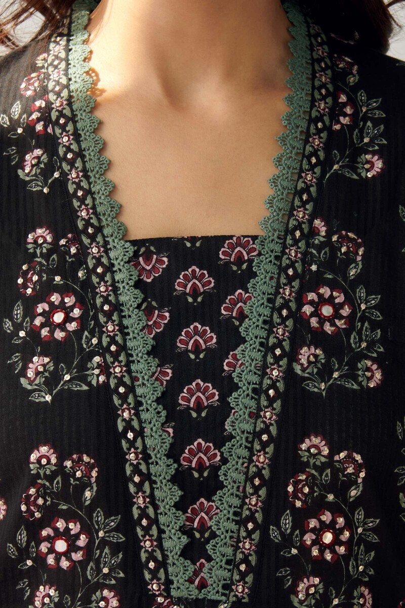 Black Hand Printed Straight Cotton Line Dobby Kurta