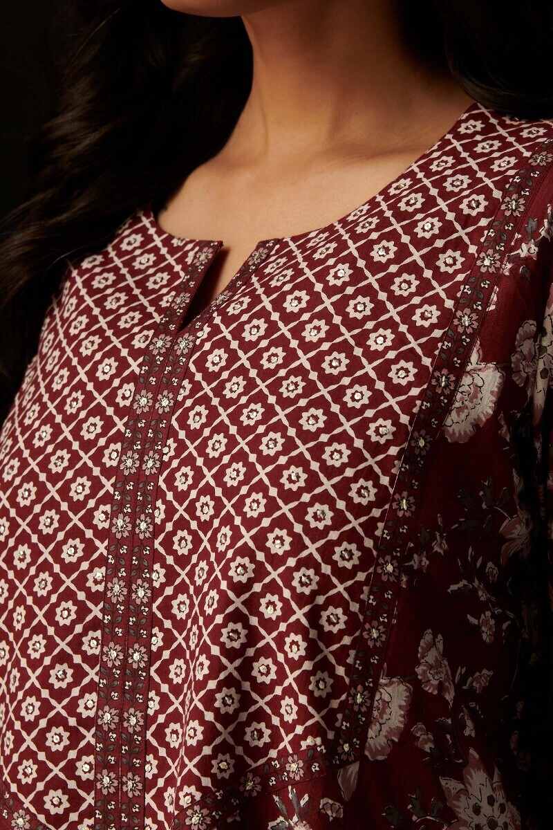 Maroon Hand Printed Cotton Kaftan