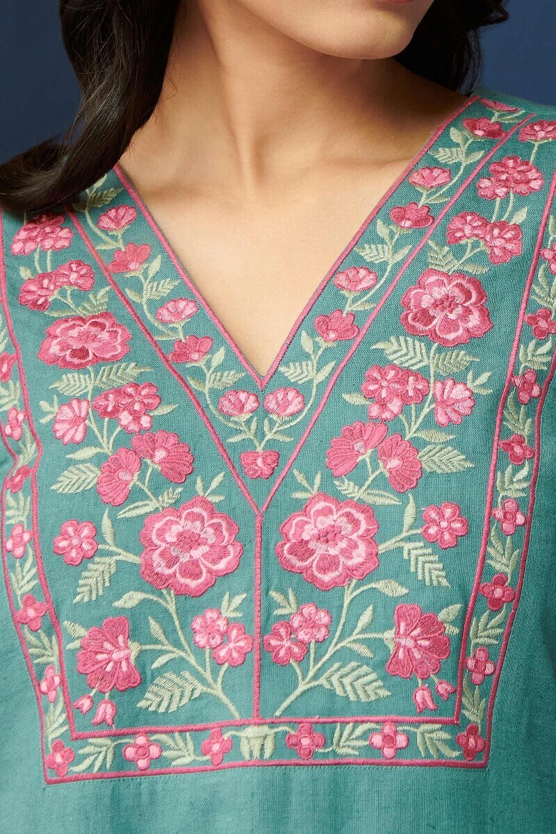 Teal Blue Handcrafted Straight Cotton Flax Kurta