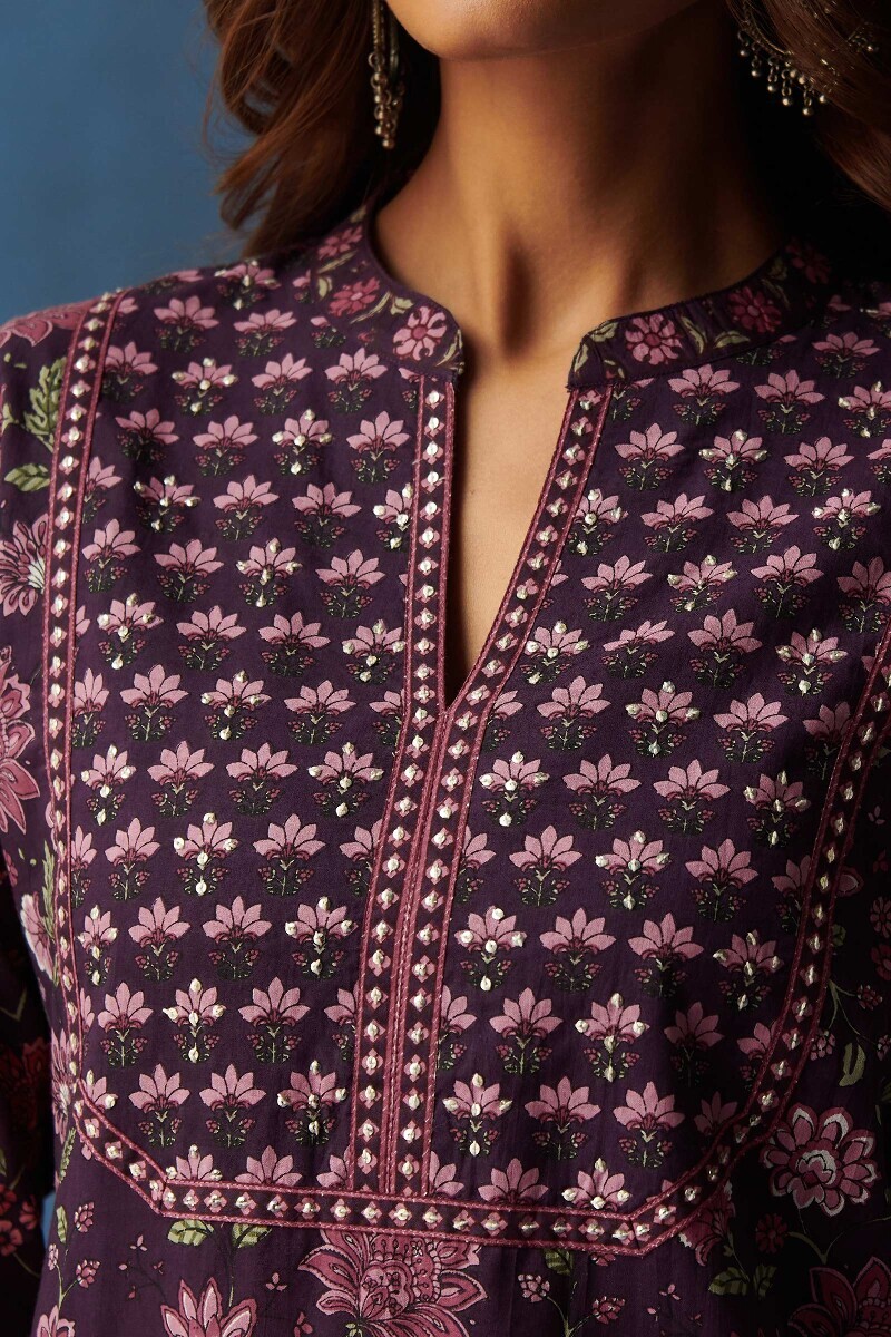 Purple Hand Printed Straight Cotton Kurta