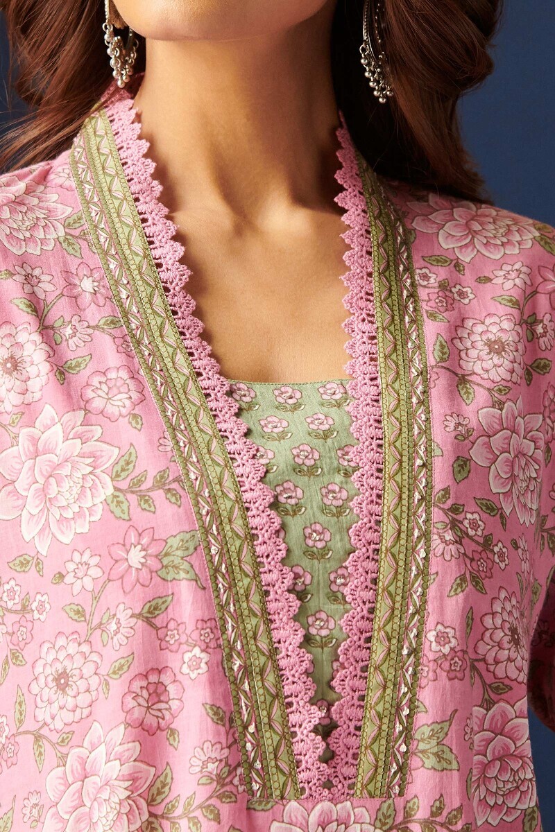 Pink Hand Printed Straight Cotton Kurta