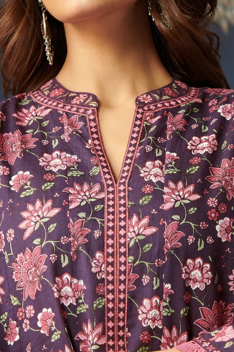 Purple Hand Printed Straight Cotton Kurta