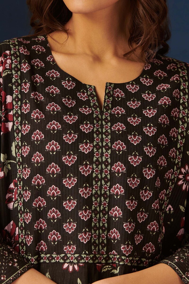Black Hand Printed Cotton Dobby Kaftan